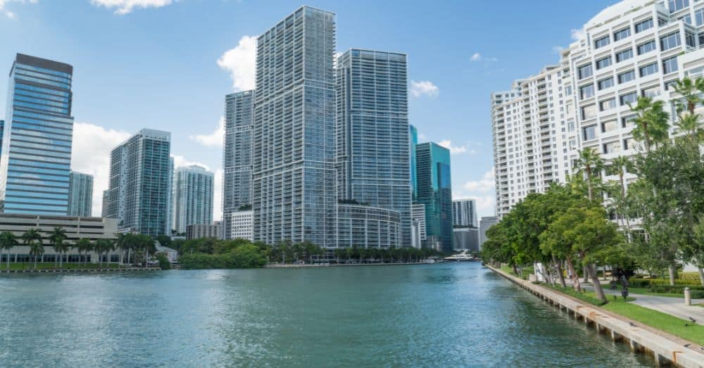 condominium buildings on a lake